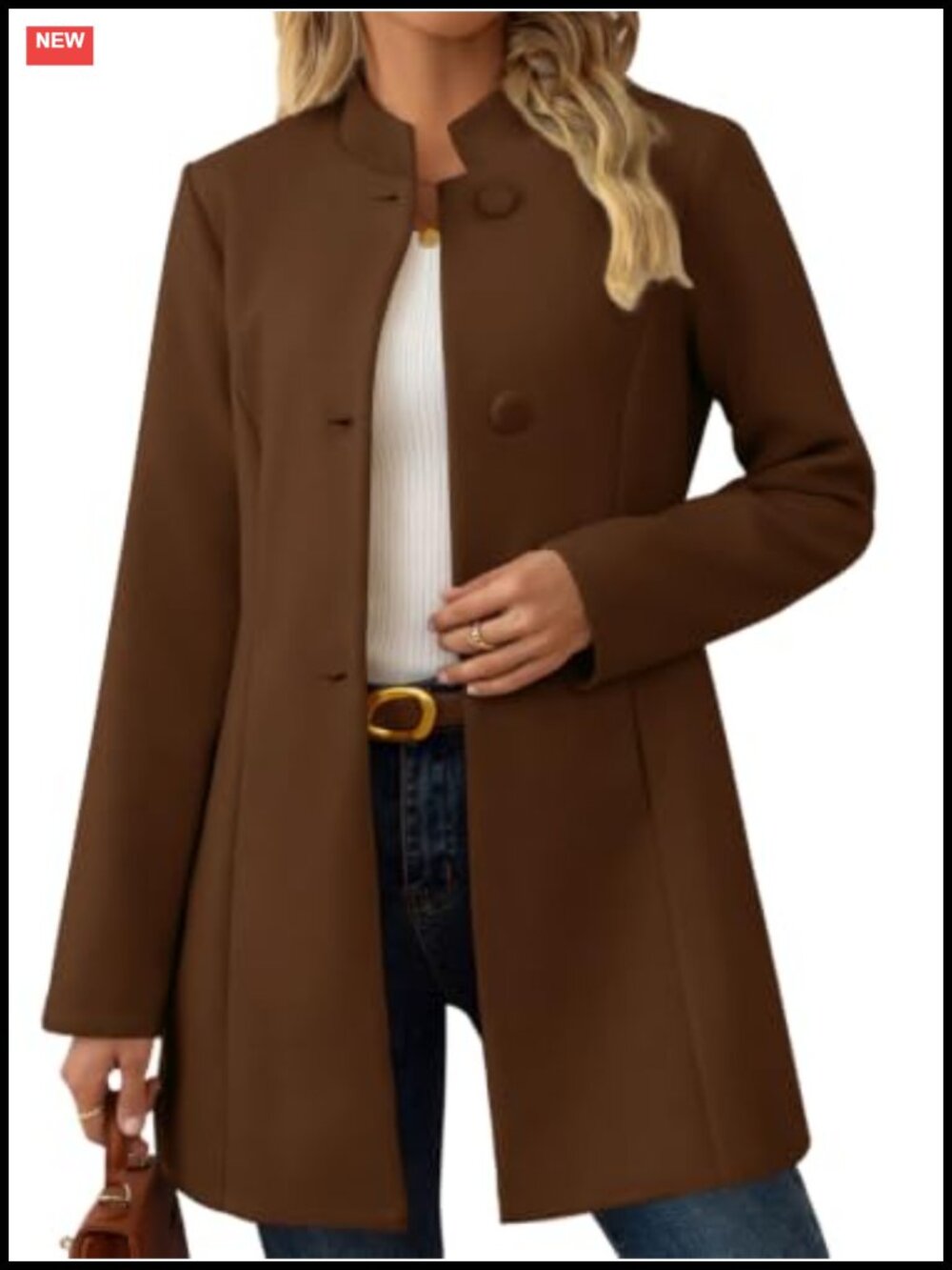 Wool Blend Pea Coat Slim Fit Notch Collar 3-Button Thigh Length